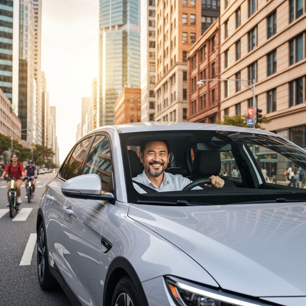 Happy rideshare driver in city